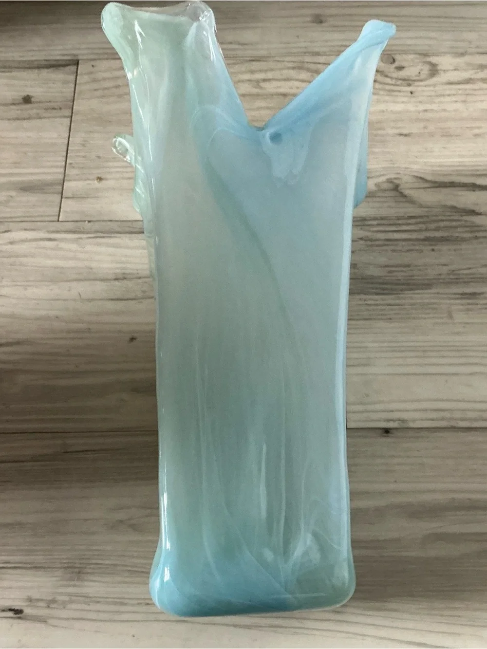 Vtg Lovarazione Art Murano glass aqua blue & green swirl ruffled vase Italy